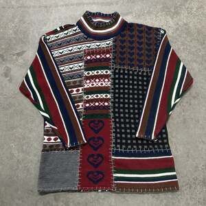 Mainframe Patchwork Mock Neck Sweater Size M Multi Colorblock Hearts